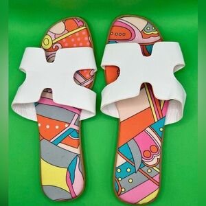 White Strap Women's Slide Sandals with Colorful Printed Insole